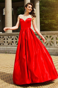 A-Line Jewel Sweep Train Red Satin Sleeveless Prom Dress with Beading Z10