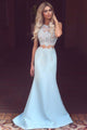 Two Piece Mermaid Jewel Sweep Train Light Blue Prom Dress with Lace L19
