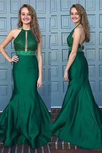 Mermaid Halter Sleeveless Sweep Train Backless Green Prom Dress with Lace Beading P84 | Cathyprom
