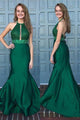Mermaid Halter Sleeveless Sweep Train Backless Green Prom Dress with Lace Beading P84 | Cathyprom