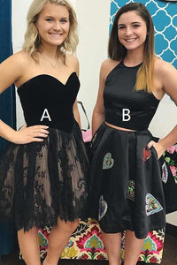 Two Piece Homecoming Dresses Little Black Dress Lace Short Prom Dress Party Dress OHM141