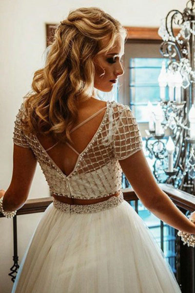 Two Piece Deep V-Neck Criss-Cross Straps Short Sleeves White Tulle Pro cathyprom Two Piece Deep V-Neck Criss-Cross Straps Short Sleeves White Tulle Pro cathyprom