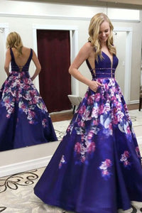 A-Line Deep V-Neck Sweep Train Printed Satin Backless Prom Dress with Beading C6