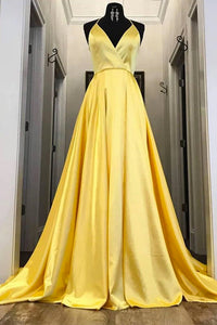 Simple A Line Strapless V Neck Sleeveless Pleats Long Yellow Satin Prom Dress OHC347 | Cathyprom