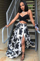 Sexy Black Floral Chiffon Two Pieces Sleeveless Long Slit Prom Dress Party Dress OHC390 | Cathyprom