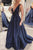 Simple Navy Blue Satin V Neck Long Open Back Prom Dress Backless Evening Dress OHC387 | Cathyprom