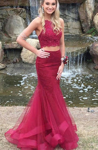 Two Piece Crew Sweep Train Criss-Cross Straps Dark Red Tulle Beaded Prom Dress Z29