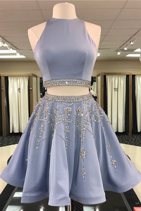Two Pieces Halter Satin With Rhinestone Short Homecoming Dress OHM061 | Cathyprom