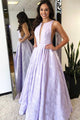 A-Line Round Neck Floor-Length Lilac Printed Prom Dress with Pleats LPD83 | Cathyprom