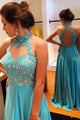 A-line Jewel Keyhole Open Back Sweep Train Blue Prom Dress with Beading Appliques LPD41 | Cathyprom
