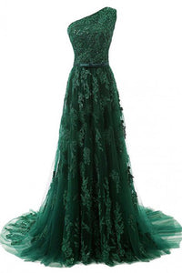 A-Line One-Shoulder Sweep Train Dark Green Tulle Prom Dress with Appliques Beading P16