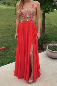 A-line Deep V-neck Open Back Split Floor Length Red Prom Dress with Beading P95 | Cathyprom