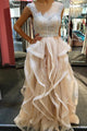 A-Line Jewel Floor-Length Champagne Tulle Prom Dress with Beading Ruffles P33