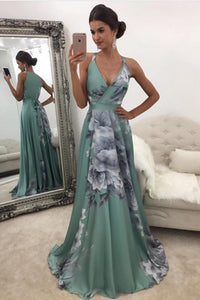 A-Line V-Neck Side-Zipper Flower Print Green Stretch Satin Prom Dress P35