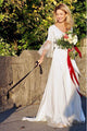 A-Line V-Neck Backless 3/4 Sleeves Satin Wedding Dress with Lace OHD042 | Cathyprom