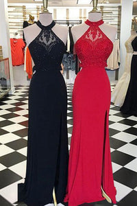 Special Round Neck Open Back Split Front Red/Black Sheath Prom Dress with Beading Lace LPD50 | Cathyprom