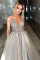 A-Line V-Neck Sweep Train Sleeveless Prom Dress Beading Pleats OHC143 | Cathyprom