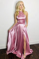 Chic A Line Pink Satin High Neck Jewel Sleeveless Beading Side Slit Long Satin Prom Dress Formal Dress OHC324 | Cathyprom