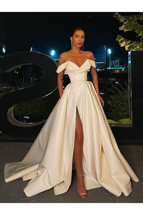 Ivory Prom Dress Sexy Off-Shoulder Satin Satin Side Slit A-Line Prom D cathyprom Ivory Prom Dress Sexy Off-Shoulder Satin Satin Side Slit A-Line Prom D cathyprom