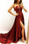 Sexy A Line Strapless Sweep Train Sleeveless Burgundy Long Satin Prom Dresses Slit Evening Dress OHC233 | Cathyprom