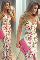 Mermaid Deep V-neck Sleeveless Sweep Train Printed Split Front Prom Dress P63