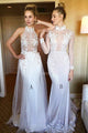Mermaid High Neck White Lace Sweep Train Long Sleeves Prom Dress with Appliques P43