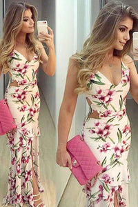 Mermaid Deep V-neck Sleeveless Sweep Train Printed Split Front Prom Dress P63