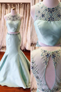Charming Two Piece Round Neck Open Back Long Mint Mermaid Prom Dress with Beading Rhinestone LPD49 | Cathyprom