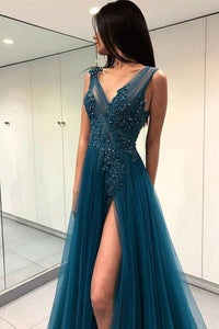 Modest A-line Deep V Neck Floor Length Sleeveless Appliques Beading Long Tulle Prom Dress/Evening Dress OHC291 | Cathyprom