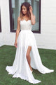  A-line White Lace V-neck Sleeveless Sweep Train Split Prom Dress P59