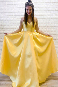 A Line Spaghetti Straps Sleeveless Long Bright Yellow Satin Prom Dresses Evening Dress OHC331 | Cathyprom