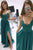 A Line Spaghetti Straps Sweep Train Sleeveless Lace Split Long Green Chiffon Prom Dress Evening Dress OHC337 | Cathyprom