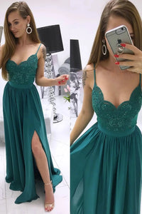 A Line Spaghetti Straps Sweep Train Sleeveless Lace Split Long Green Chiffon Prom Dress Evening Dress OHC337 | Cathyprom