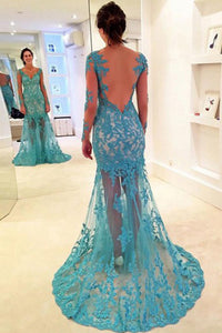 Mermaid Long Sleeves Lace V-neck Illusion Backless Turquoise Prom Dress P58