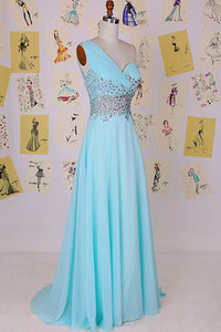 Elegant One Shoulder Court Train Chiffon Blue Backless Long Prom Dress D12