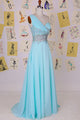 Elegant One Shoulder Court Train Chiffon Blue Backless Long Prom Dress D12