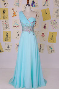 Elegant One Shoulder Court Train Chiffon Blue Backless Long Prom Dress D12