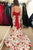 Two Piece Spaghetti Straps Sweep Train White Printed Satin Bowknot Prom Dress Z44