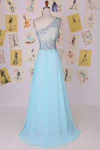 Elegant One Shoulder Court Train Chiffon Blue Backless Long Prom Dress D12