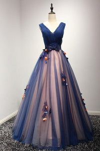 Beautiful Ball Gown V-neck Floor-length Sleeveless Appliques Bowknot Long Tulle Prom Dress/Evening Dress OHC230 | Cathyprom