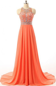 Sexy Halter Court Train Chiffon Backless Orange Prom/Evening Dress With Beading Z38