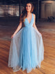 Sparkly A-line V neck Sleeveless Floor Length Modest Blue Long Tulle Prom Dress/Evening Dress OHC284 | Cathyprom