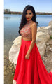 Two Pieces Jewel Sweep Train Sleeveless Beaded Split Long Satin Prom Dresses OHC265 | Cathyprom