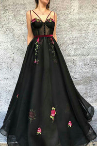 A Line Spaghetti Straps Floor Length Sleeveless Embroidery Long Tulle Prom Dress OHC212 | Cathyprom