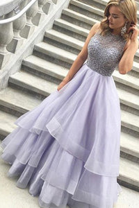 A-line Jewel Floor Length Tiered Lavender Prom Dress with Beading P82 | Cathyprom