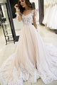 Gorgeous A Line Round Neck Long Sleeves Prom Dresses with Appliques OHC179 | Cathyprom
