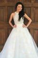 A-Line Crew Sweep Train White Tulle Sleeveless Prom Dress with Beading Lace Z6