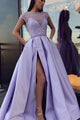 A-Line Crew Cap Sleeves Open Back Lilac Beaded Long Prom Dress with Pockets Split L35 | Cathyprom