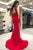 Mermaid High Neck Open Back Sweep Train Red Prom Dress with Beading D3