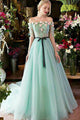 A-line Off-the-shoulder Sweep/Brush Train Long Sleeves Beading Appliques Long Tulle Prom Dress OHC139 | Cathyprom 